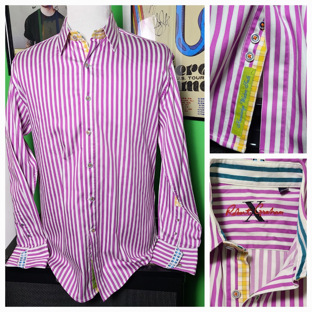 Robert Graham X Collection Striped Lomg Sleeve Shirt Men’s Large Purple/White